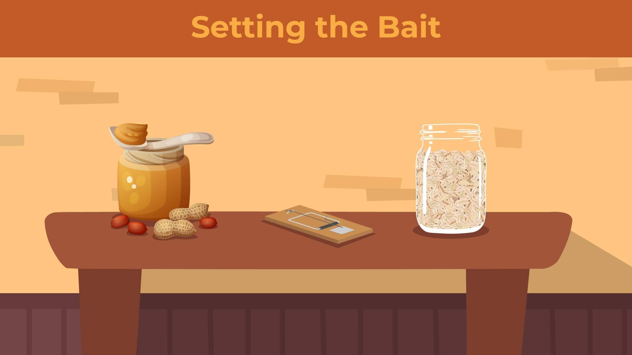 Illustration of peanut butter and dried oats sitting next to a snap trap on a table.